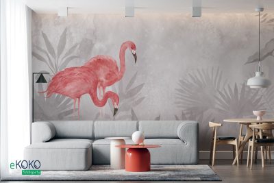 różowe flamingi na szarym polu traw - fototapeta