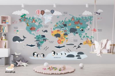 kolorowa mapa świata ze zwierzętami i statkami na szarym tle - fototapeta dla dzieci