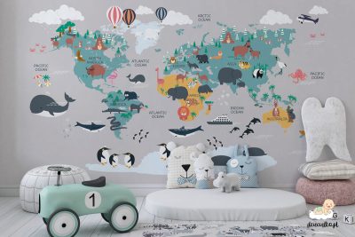 kolorowa mapa świata ze zwierzętami i statkami na szarym tle - fototapeta dla dzieci