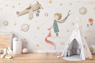 chłopiec, czerwony lis, samolot na tle planet i gwiazd – fototapeta dla dzieci