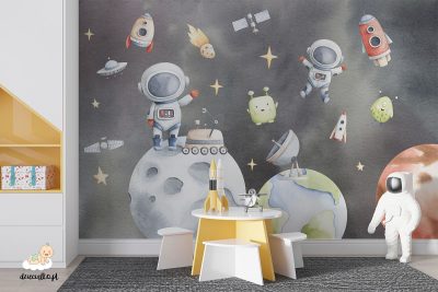planety, astronauci, statki kosmiczne, satelity i ufoludki na szarym tle – fototapeta dla dzieci