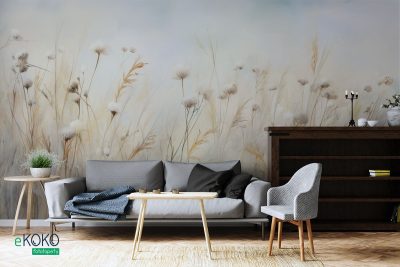 wysokie trawy i kwiaty na jasnym tle - fototapeta
